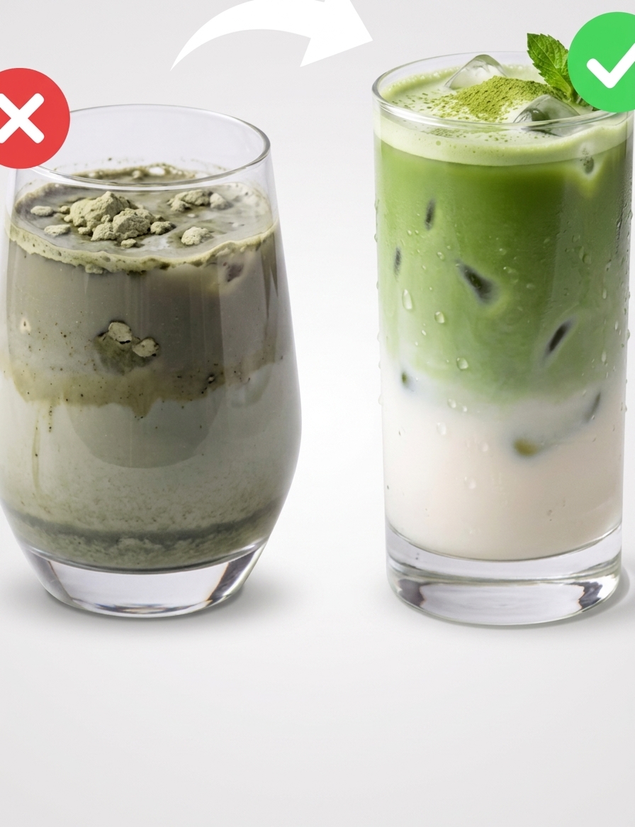 A clumpy bad matcha transformed into a perfect layered iced matcha