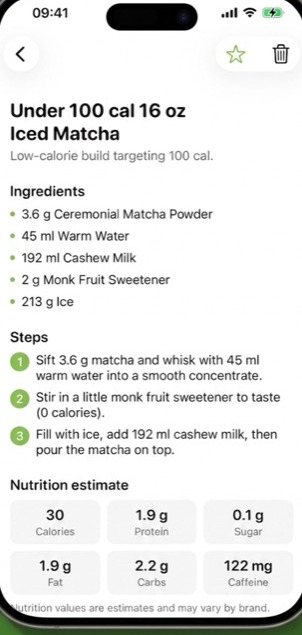 Low-calorie builder screen